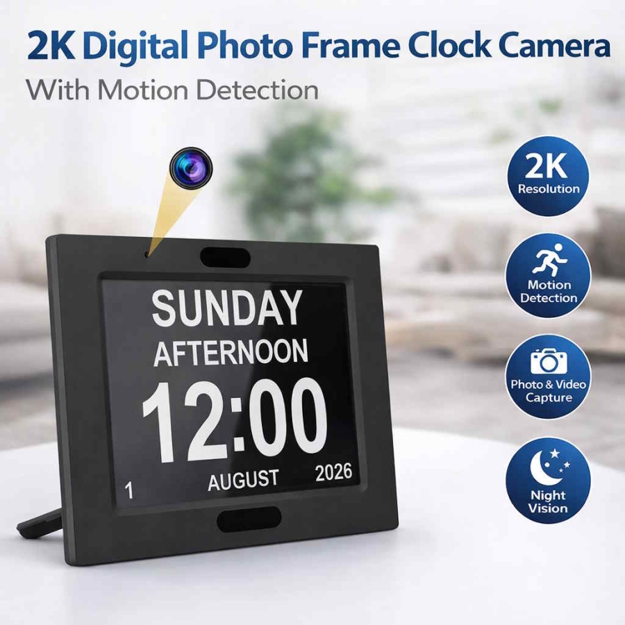 Photo Fram Camera 2K Digital Photo Frame Clock Camera 180 Day Battery
