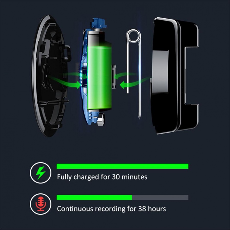 Pin Badge Voice recorder with 38 Hour Battery